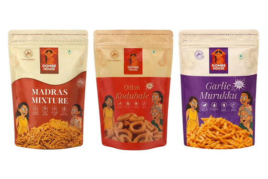 Gombe House Assorted South Indian Namkeen Snack Combo 120g Each (Pack 3, 360g Total)